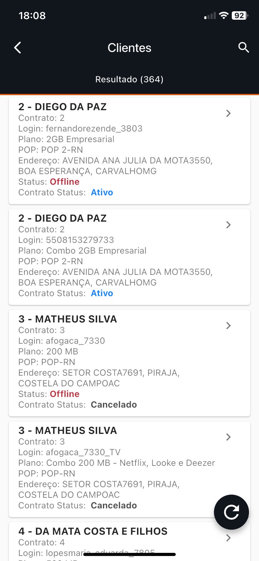 Tela do aplicativo mostrando a lista de clientes.