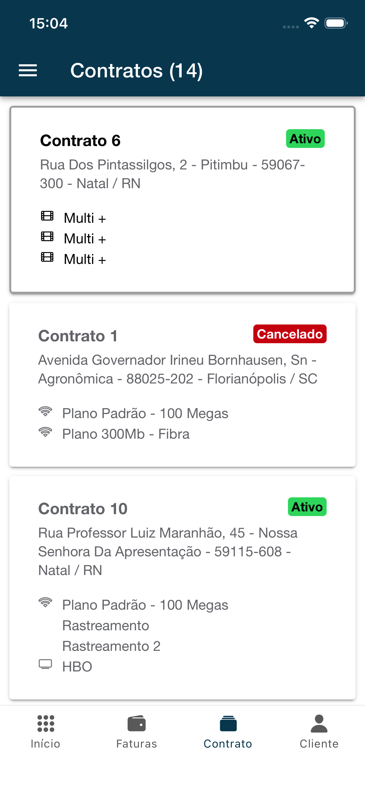 Tela do aplicativo do cliente mostrando contratos.