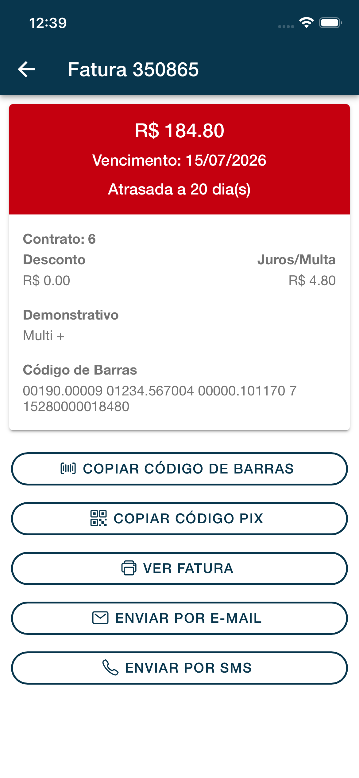 Detalhes de uma fatura aberta no aplicativo do cliente.