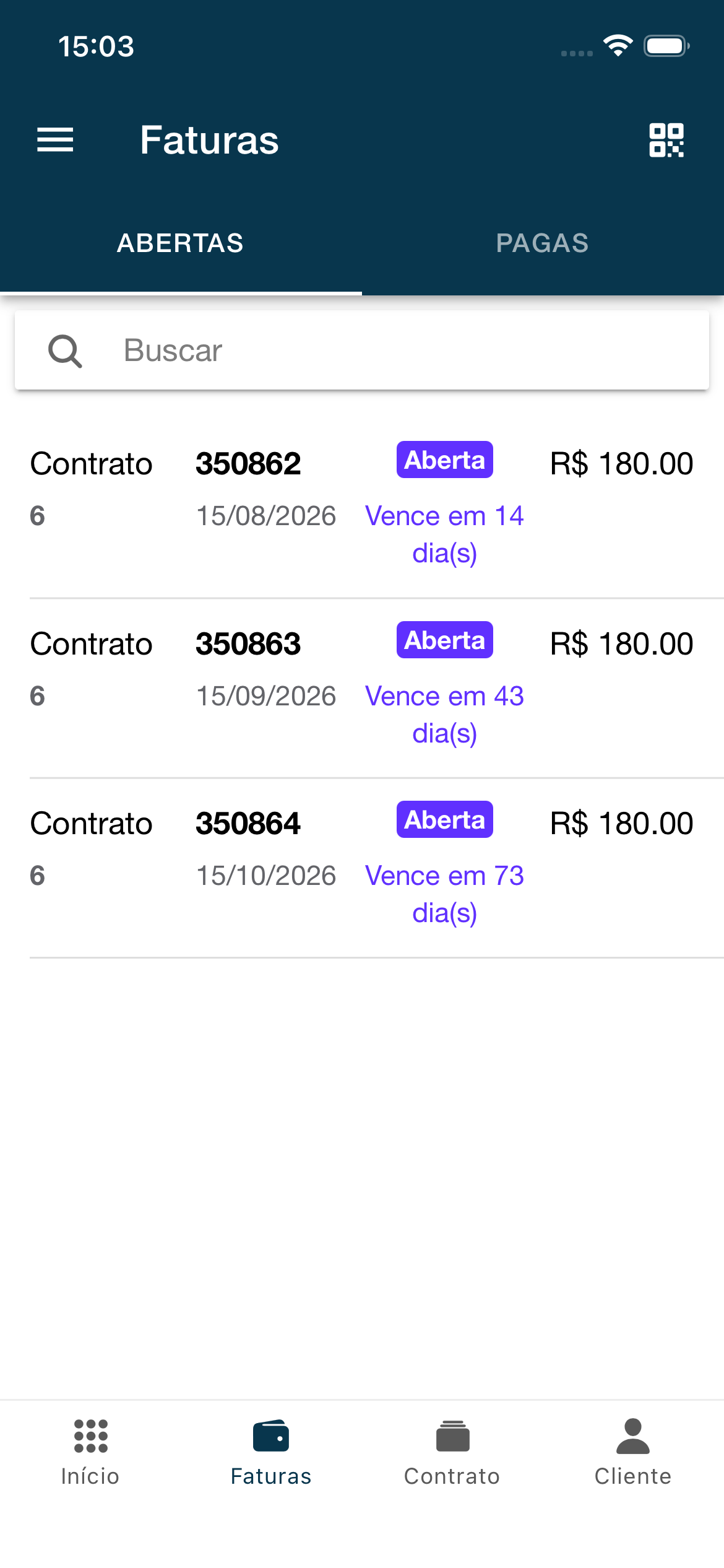 Tela de faturas do aplicativo do cliente.