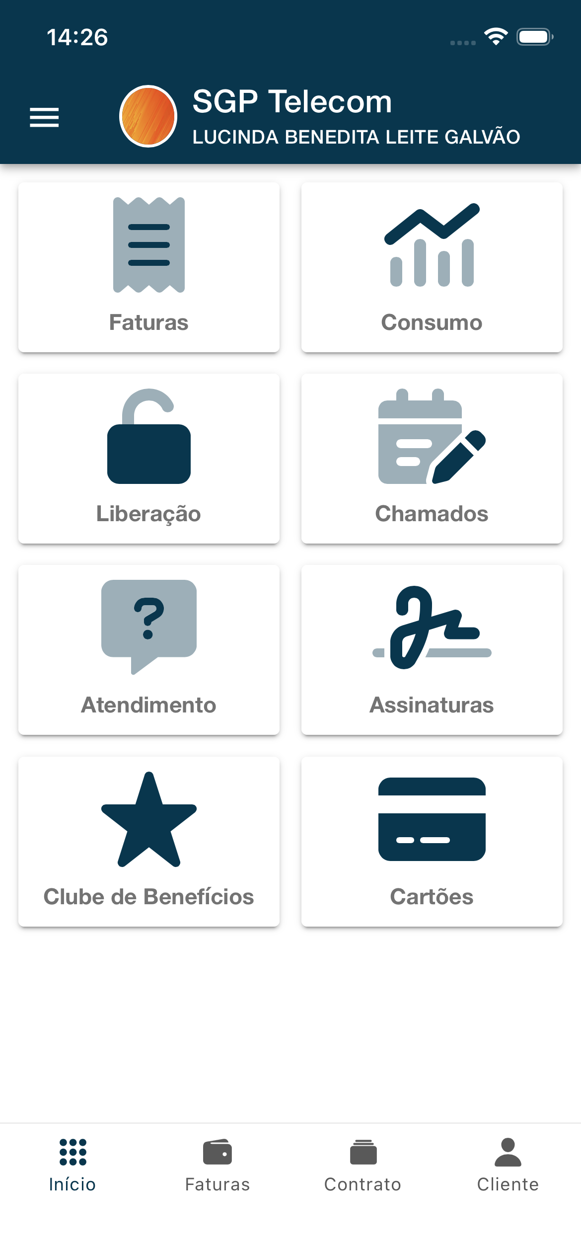 Tela inicial do aplicativo do cliente em um tema de cores padrão.
