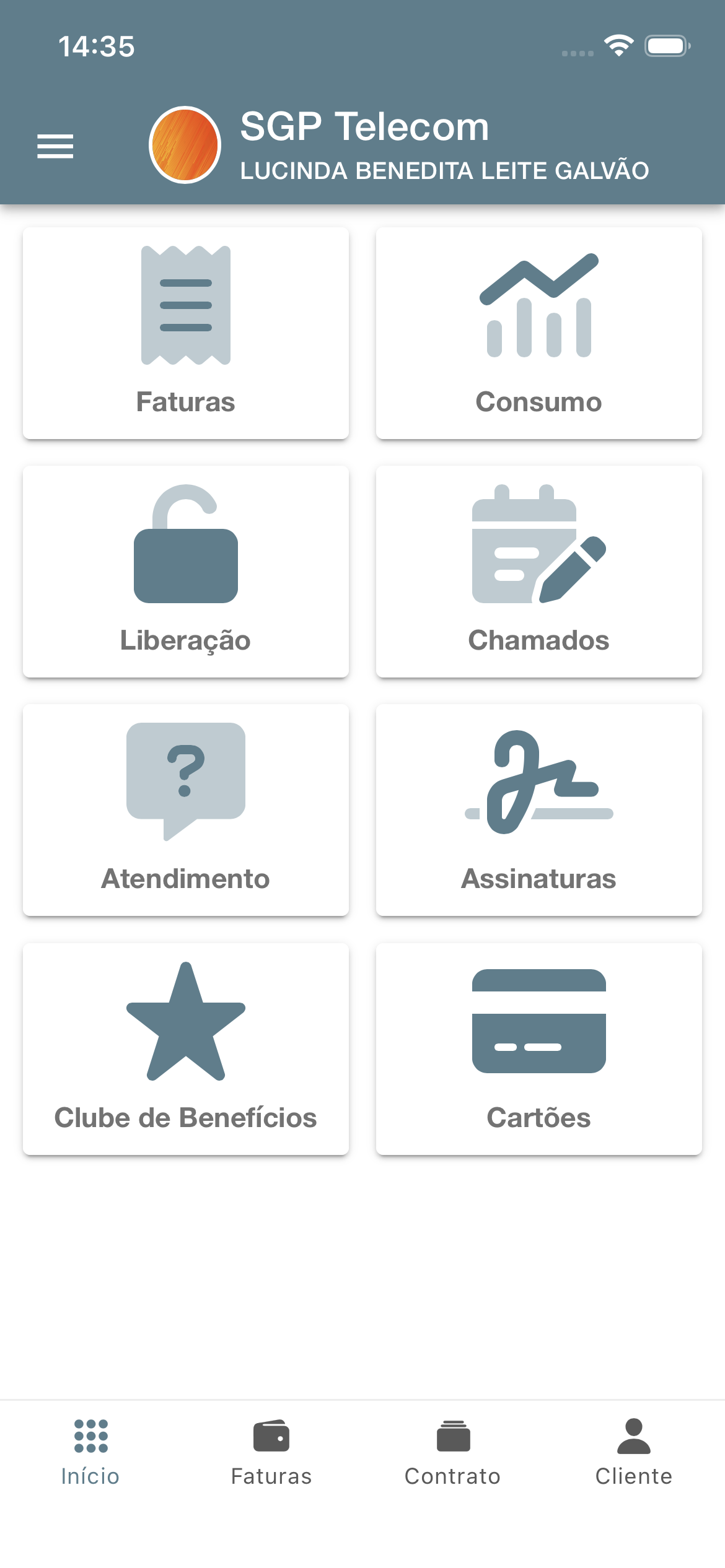 Tela inicial do aplicativo do cliente com uma personalização de cores mais vibrante.