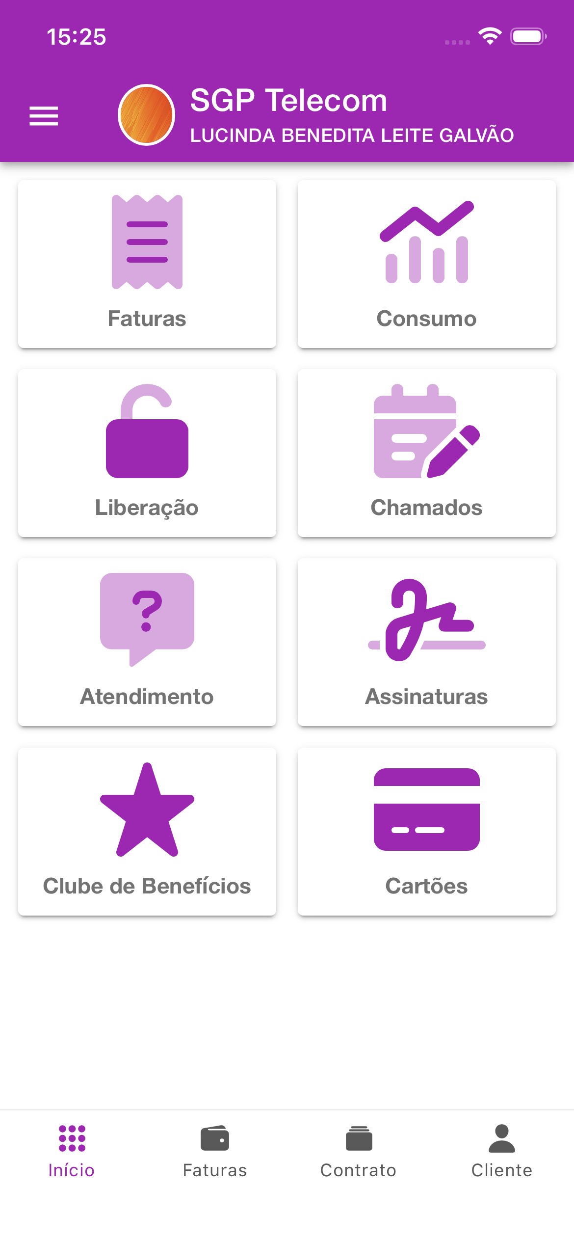 Tela inicial do aplicativo do cliente com uma personalização de cores mais suave.