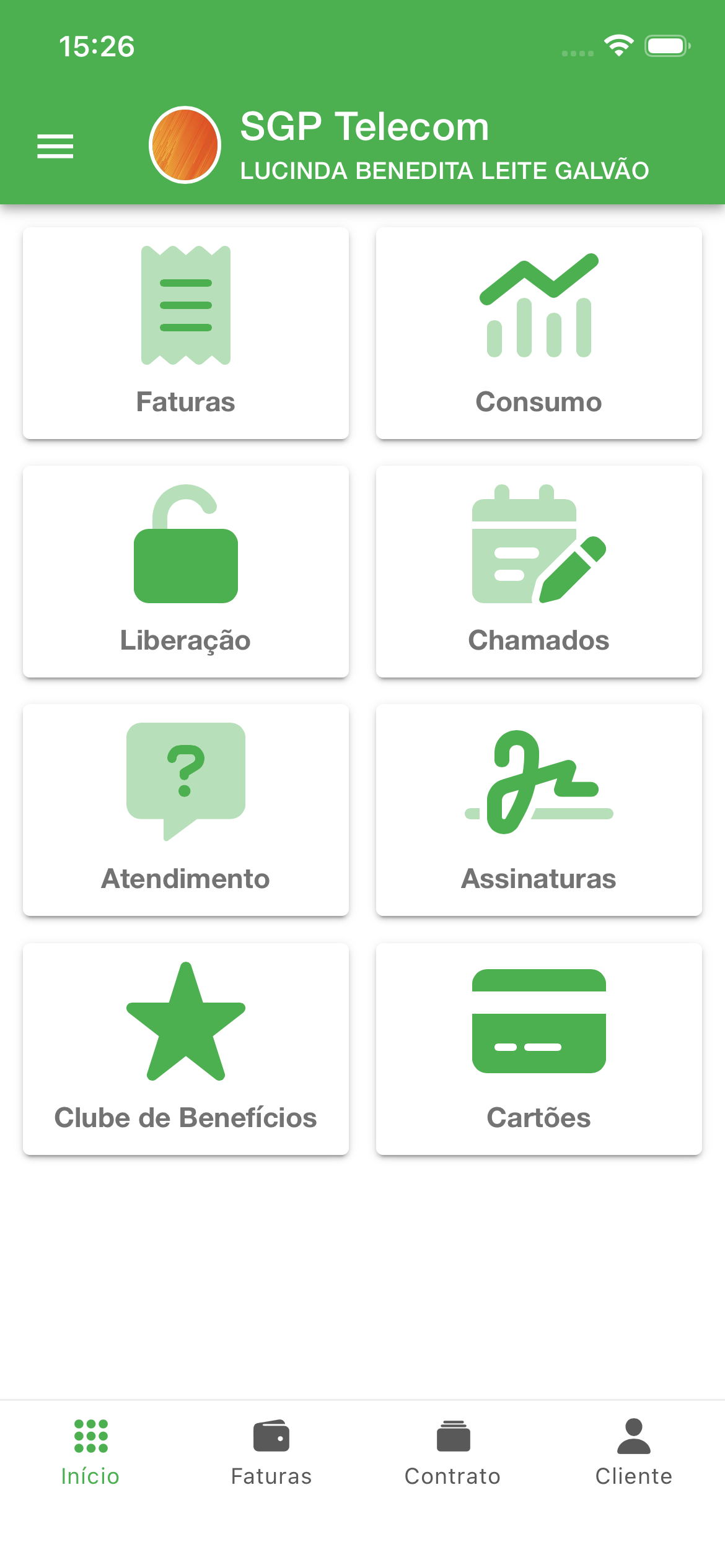 Tela inicial do aplicativo do cliente com uma personalização de cores mais escura.