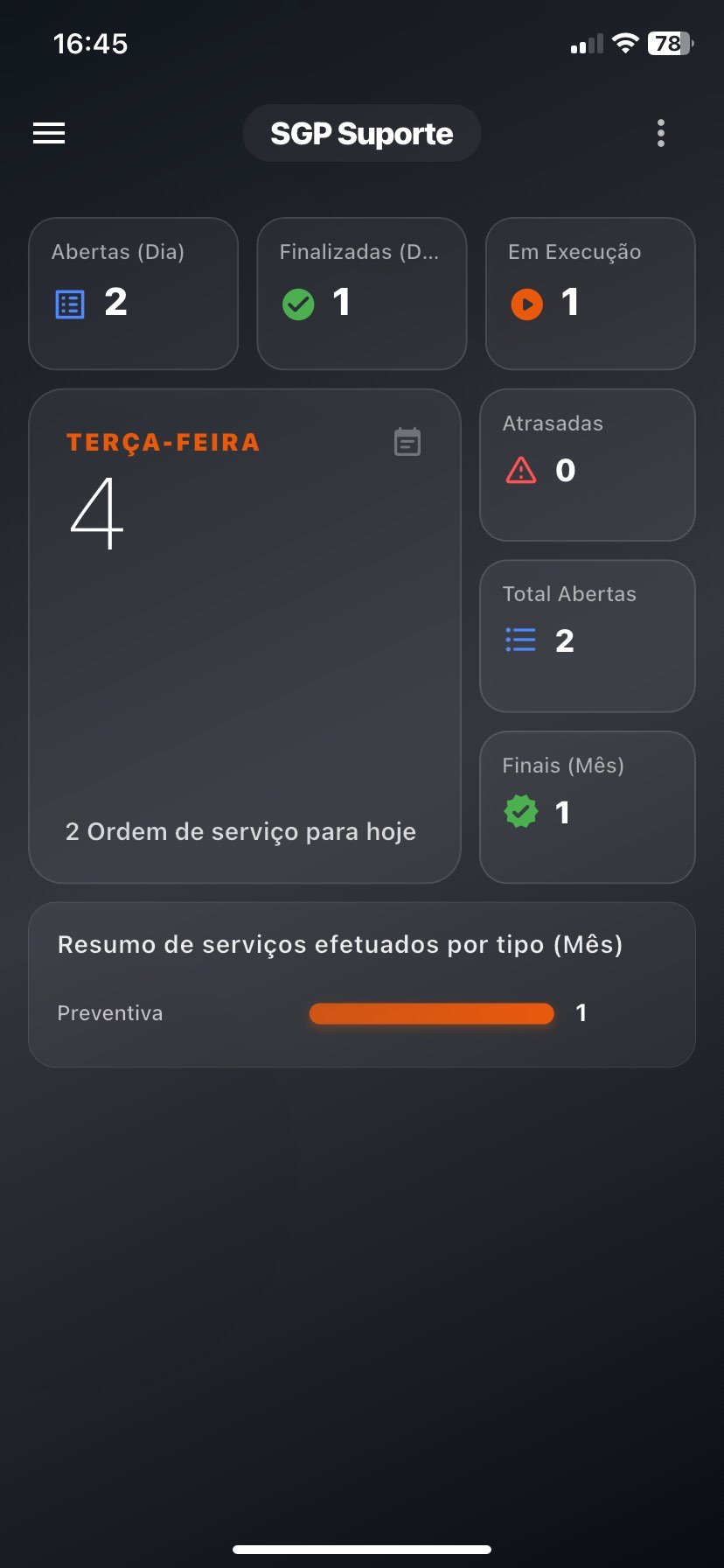 Tela inicial do aplicativo do técnico com ordens de serviço