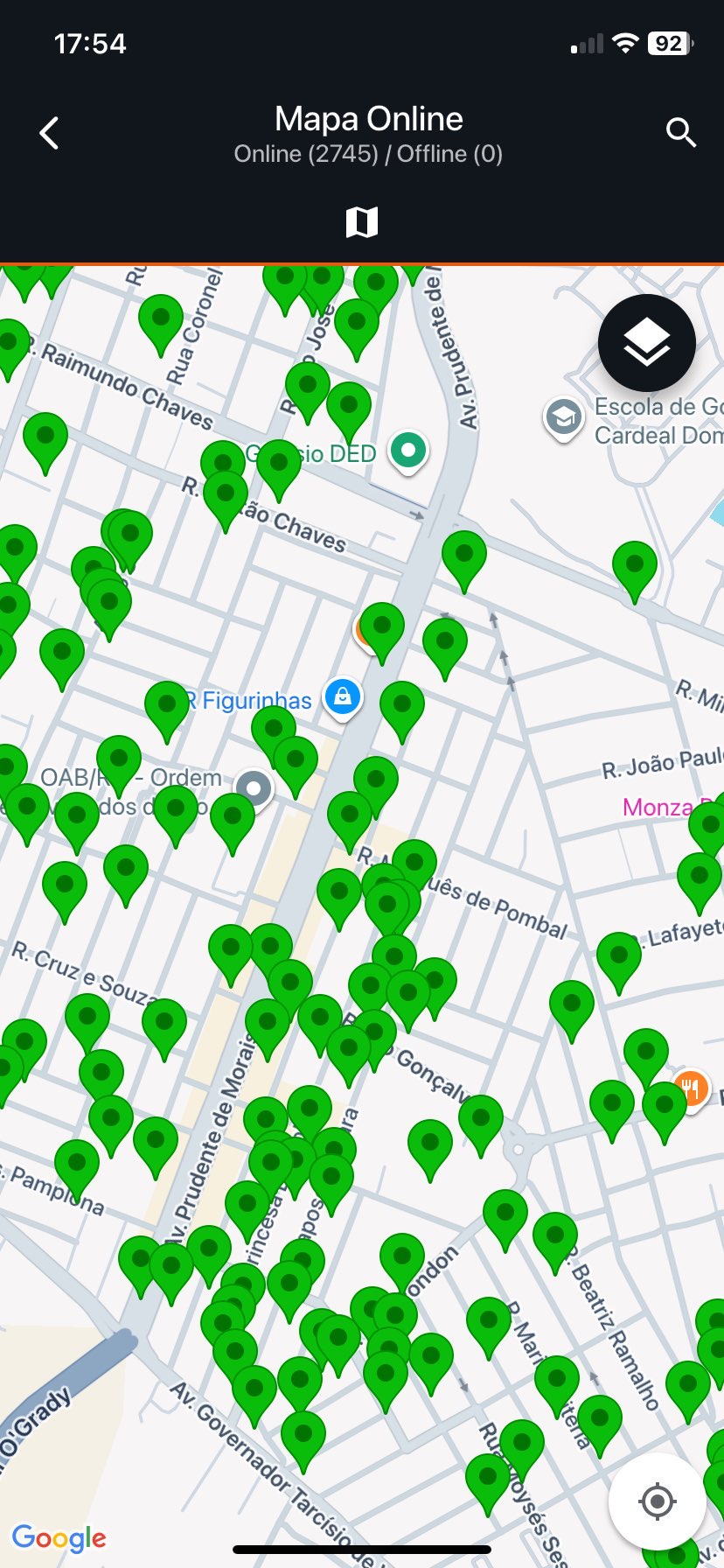 Tela do aplicativo mostrando o mapa com a localização dos clientes.