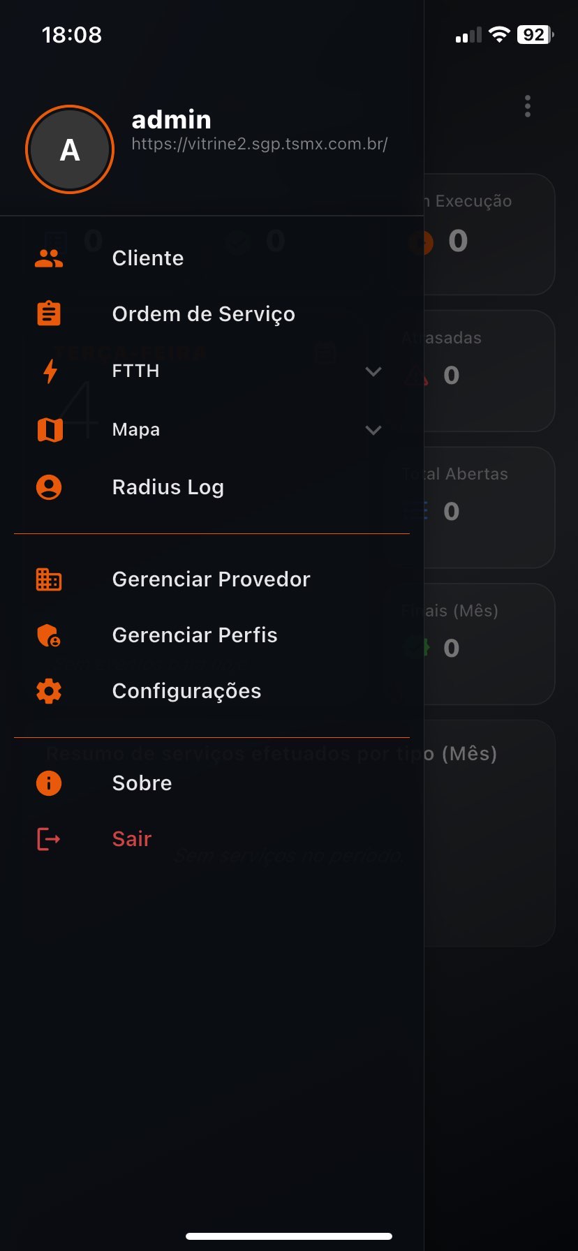 Tela do aplicativo mostrando o menu com os principais módulos do suporte técnico.