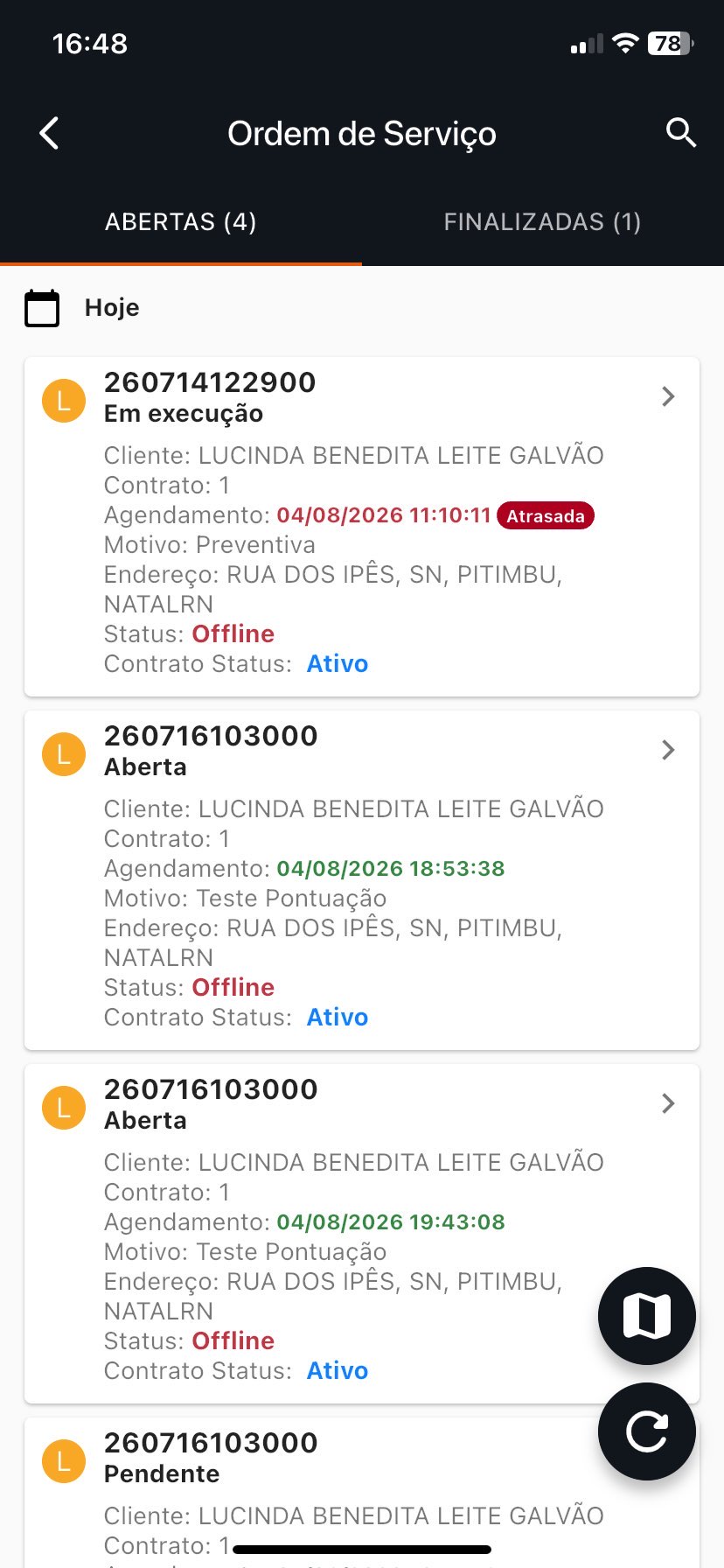 Tela do aplicativo mostrando a lista de ordens de serviço.